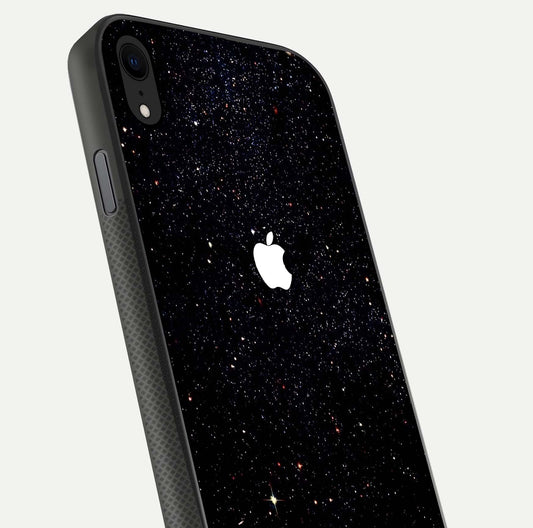 Starry Apple Galaxy Glass Case for iPhone Xr close-up angled shot highlighting star details and gloss