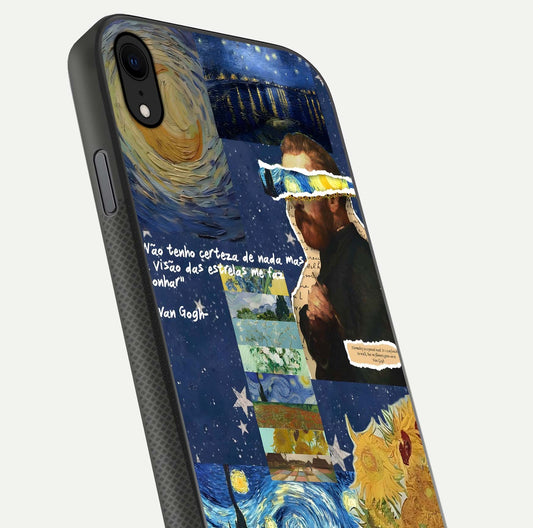 Starry Dream Vision Glass Case for iPhone Xr close-up angled shot highlighting cosmic light and reflection