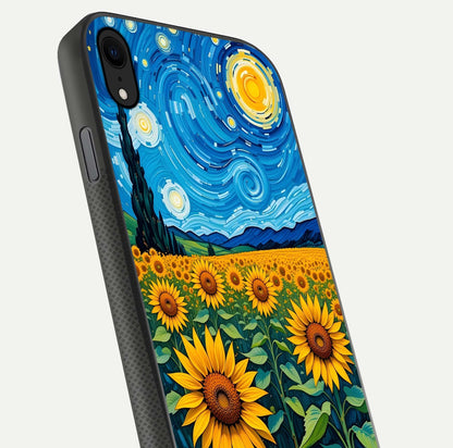 Starry Sunflower Dreams Glass Case for iPhone Xr close-up angled shot highlighting petal texture and gloss