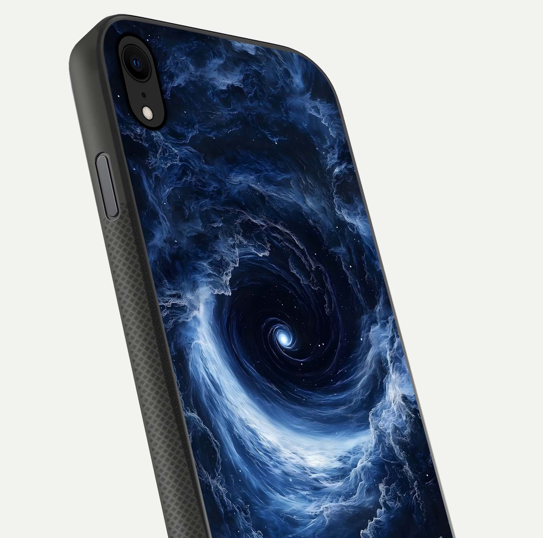 Stunning Galaxy Glass Case for iPhone Xr close-up angled shot highlighting nebula tones and HD reflection