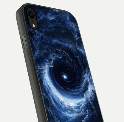 Stunning Galaxy Glass Case for iPhone Xr close-up angled shot highlighting nebula tones and HD reflection