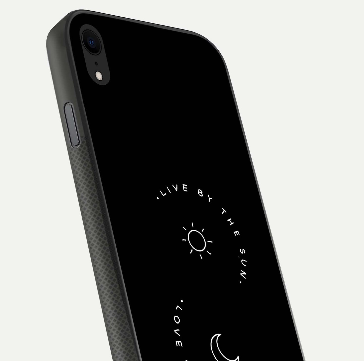 Sun Moon Balance Glass Case for iPhone Xr close-up angled shot highlighting cosmic art and HD reflection