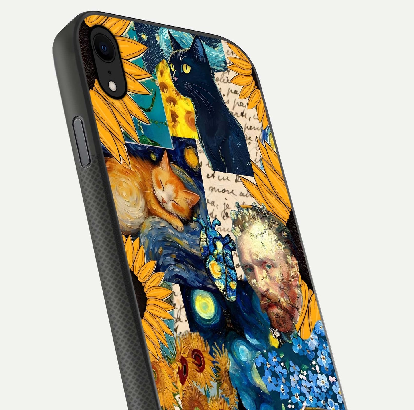 Sunflower Cat Art Glass Case for iPhone Xr close-up angled shot highlighting yellow tones and art reflection