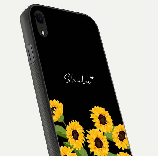 Sunflower Chic Mood Custom Name Glass Case for iPhone 16 Pro close-up angled shot showing HD sunflower pattern