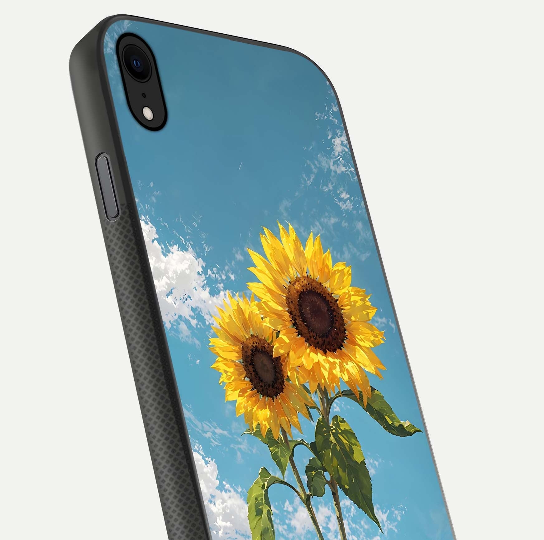 Sunflower Sky Bloom Glass Case for iPhone Xr close-up angled shot highlighting petal details and reflection