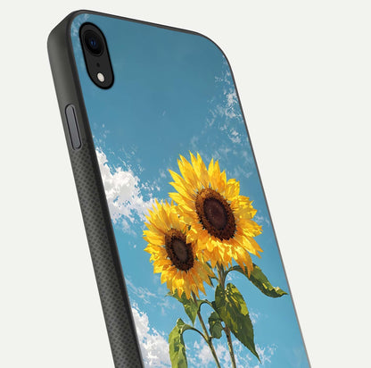 Sunflower Sky Bloom Glass Case for iPhone Xr close-up angled shot highlighting petal details and reflection