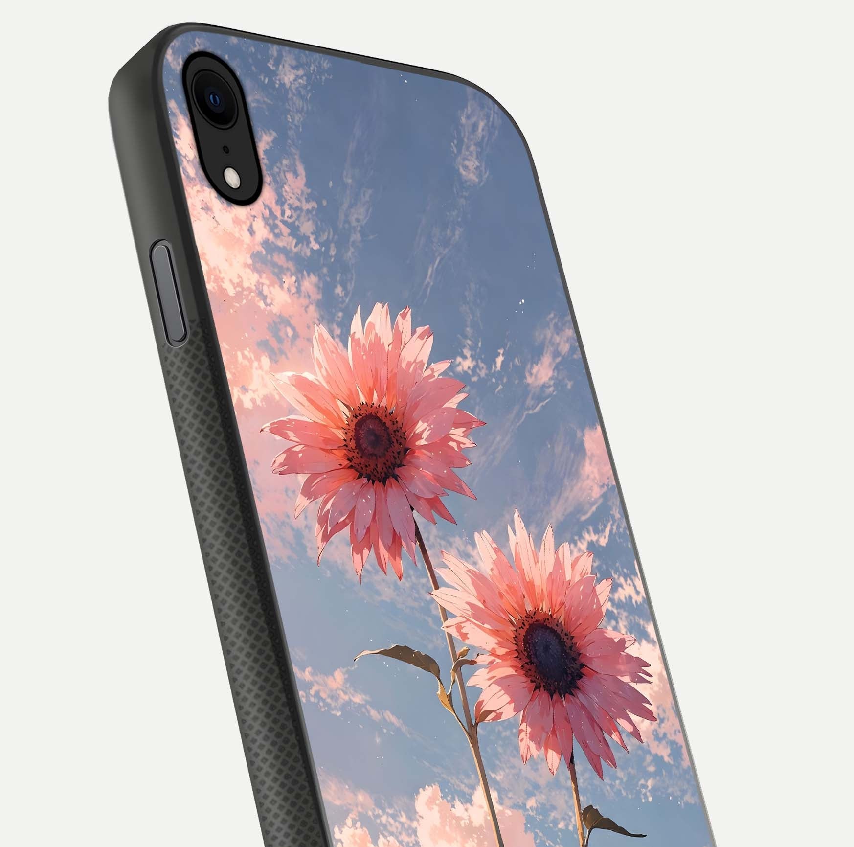 Sunlit Daisy Glow Glass Case for iPhone Xr close-up angled shot highlighting petal texture and reflection