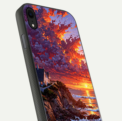 Sunset House by Sea Glass Case for iPhone Xr close-up angled shot highlighting sunset tones and water glow