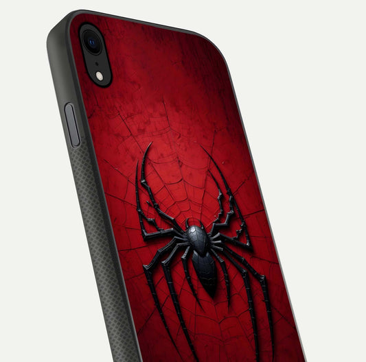 Venom Web Emblem Glass Case for iPhone Xr close-up angled shot highlighting sharp logo lines and reflection