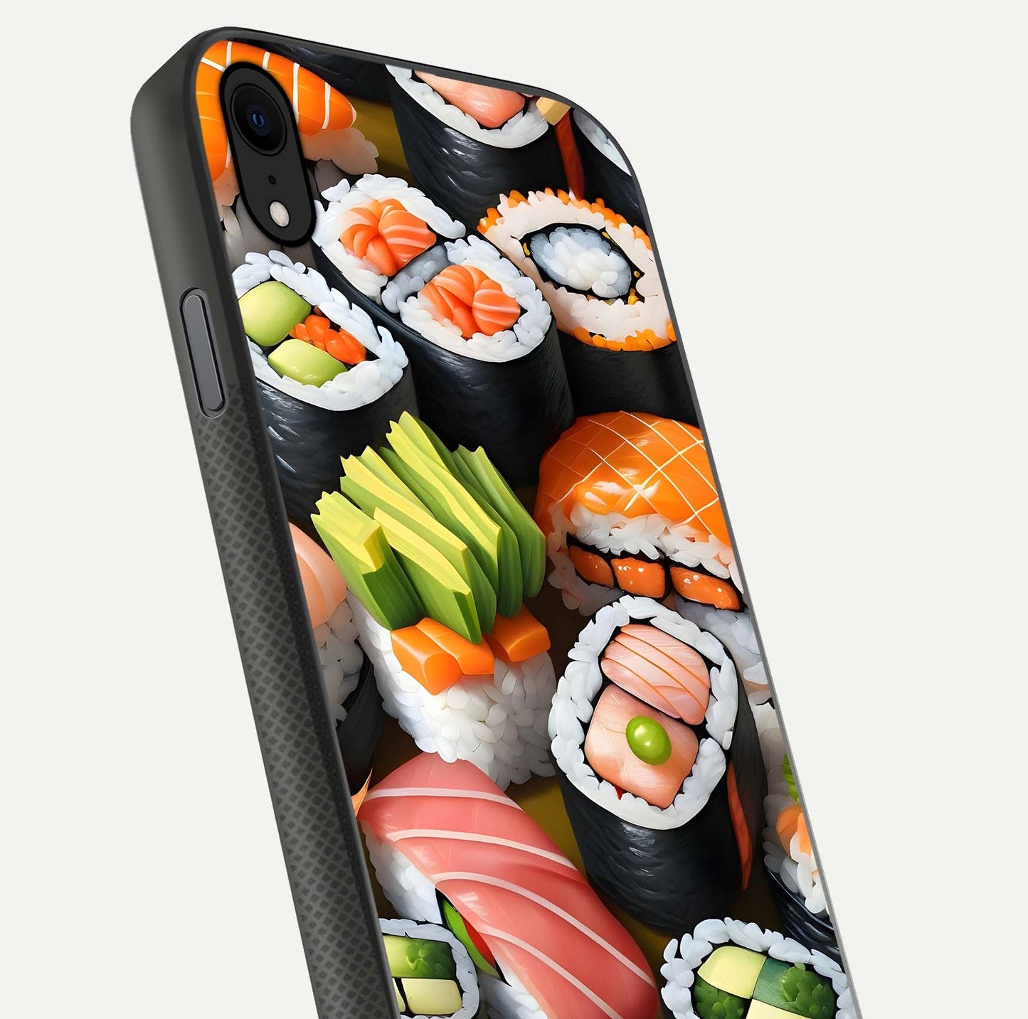 Sushi Food Pattern Glass Case for iPhone Xr close-up angled shot highlighting colorful sushi prints and reflection