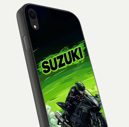 Suzuki Speed Beast Glass Case for iPhone Xr close-up angled shot highlighting bold tones and reflection