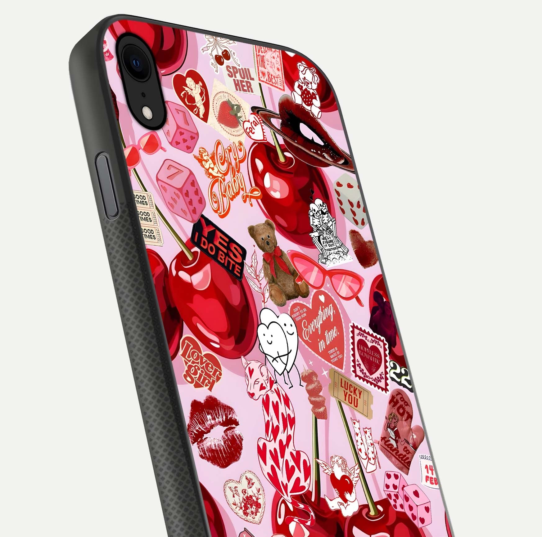 Sweet Cherry Chaos Glass Case for iPhone Xr close-up angled shot highlighting red tone contrast and reflection