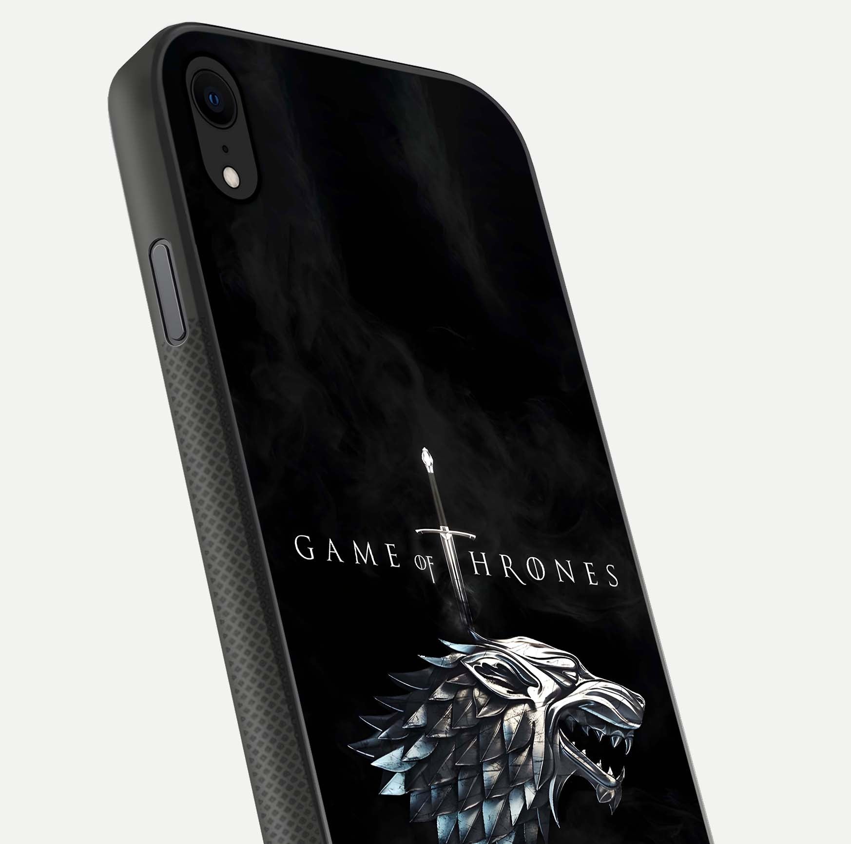 Throne Wolf Legacy Glass Case for iPhone Xr close-up angled shot highlighting fur texture and reflection
