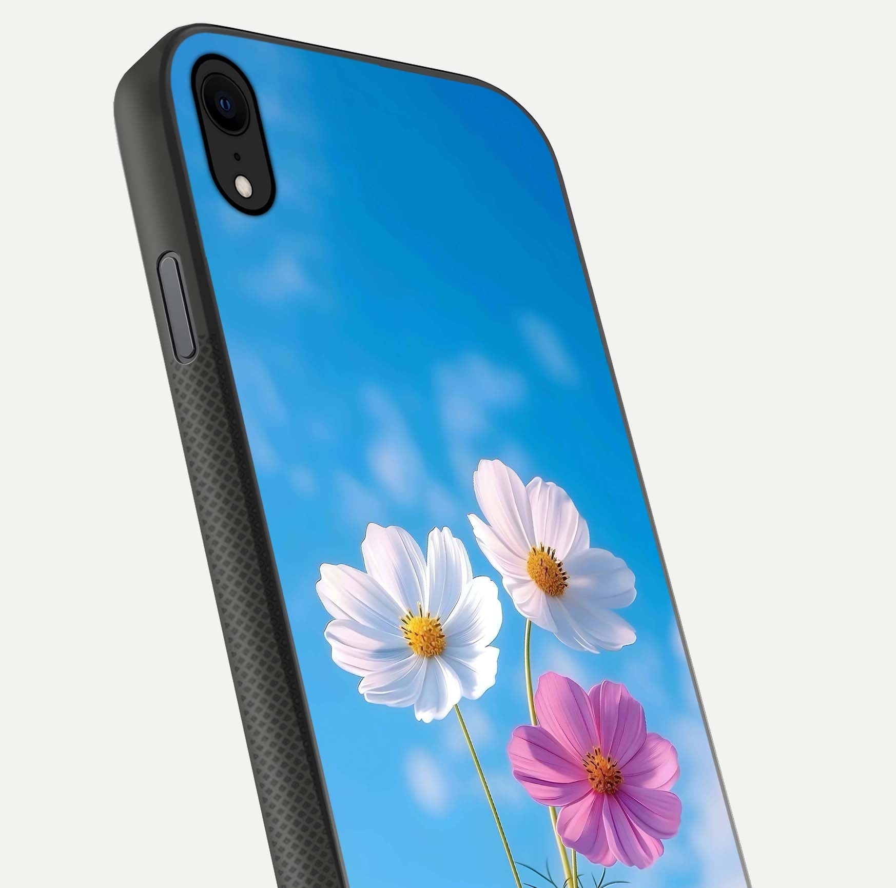 Triple Flowers With Sky Glass Case for iPhone Xr close-up angled shot highlighting petal and reflection details