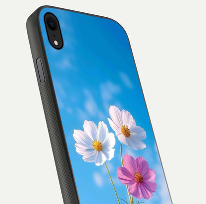 Triple Flowers With Sky Glass Case for iPhone Xr close-up angled shot highlighting petal and reflection details