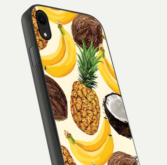 Tropical Fruit Mood Glass Case for iPhone Xr close-up angled shot highlighting fruit texture and reflection
