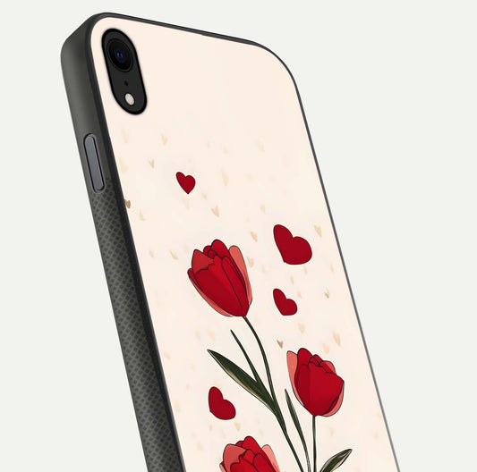 Tulip With Heart Glass Case for iPhone Xr close-up angled shot highlighting petal details and reflection