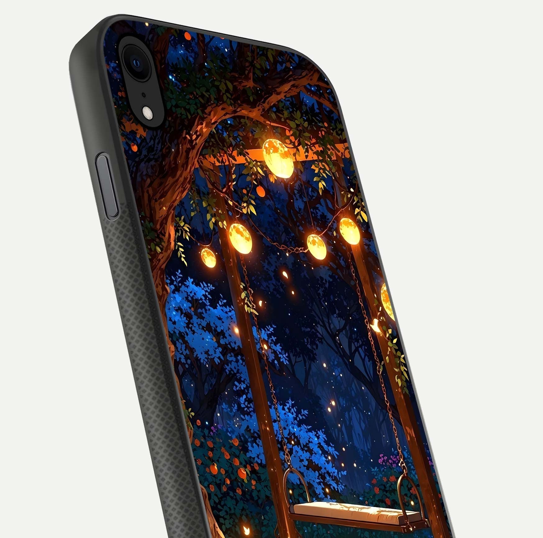 Twilight Garden Swing Glass Case for iPhone Xr close-up angled shot highlighting floral tones and reflection
