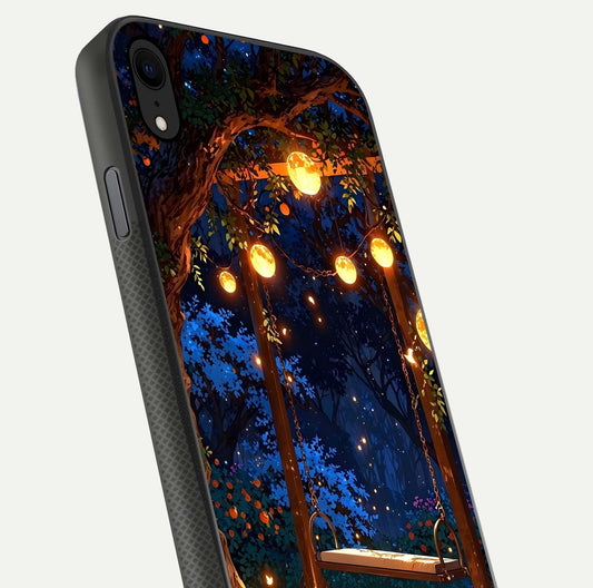Twilight Garden Swing Glass Case for iPhone Xr close-up angled shot highlighting floral tones and reflection