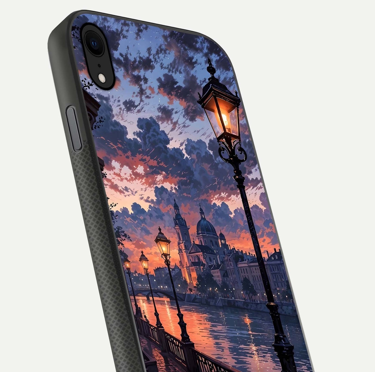 Twilight River Lights Glass Case for iPhone Xr close-up angled shot highlighting river reflections and color tones