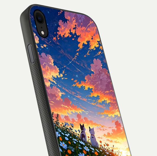 Two Cats Friends Glass Case for iPhone Xr close-up angled shot highlighting cat illustrations and soft reflection