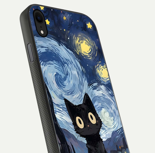 Van Gogh Cat Glass Case for iPhone Xr close-up angled shot highlighting brushstroke texture and reflection