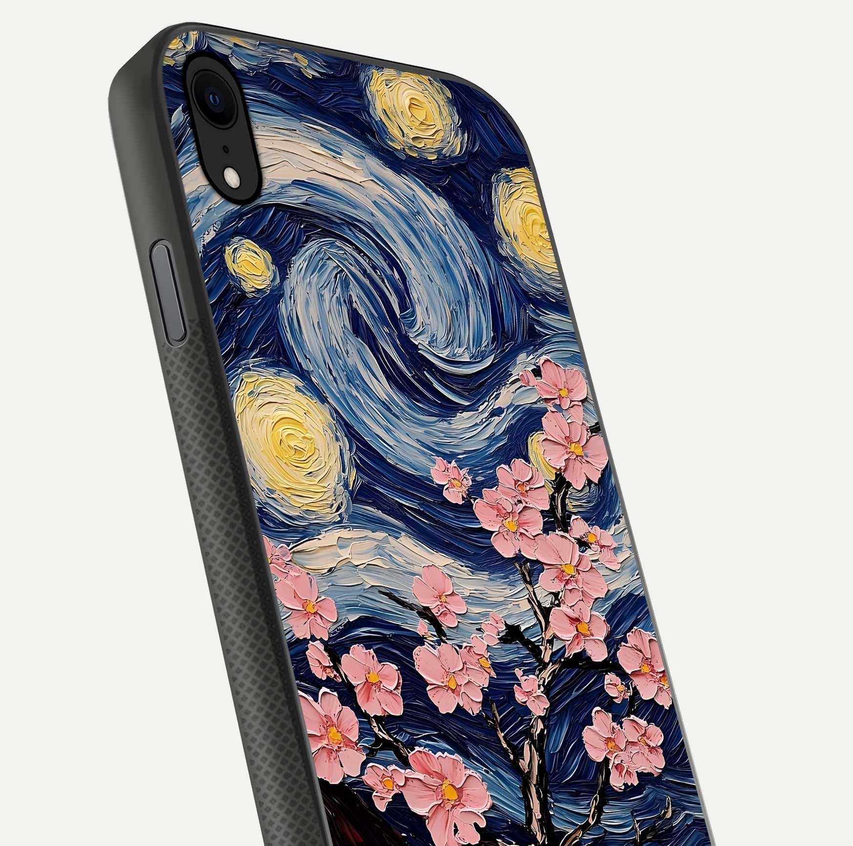 Van Gogh Scenery Glass Case for iPhone Xr close-up angled shot highlighting brushwork texture and color depth
