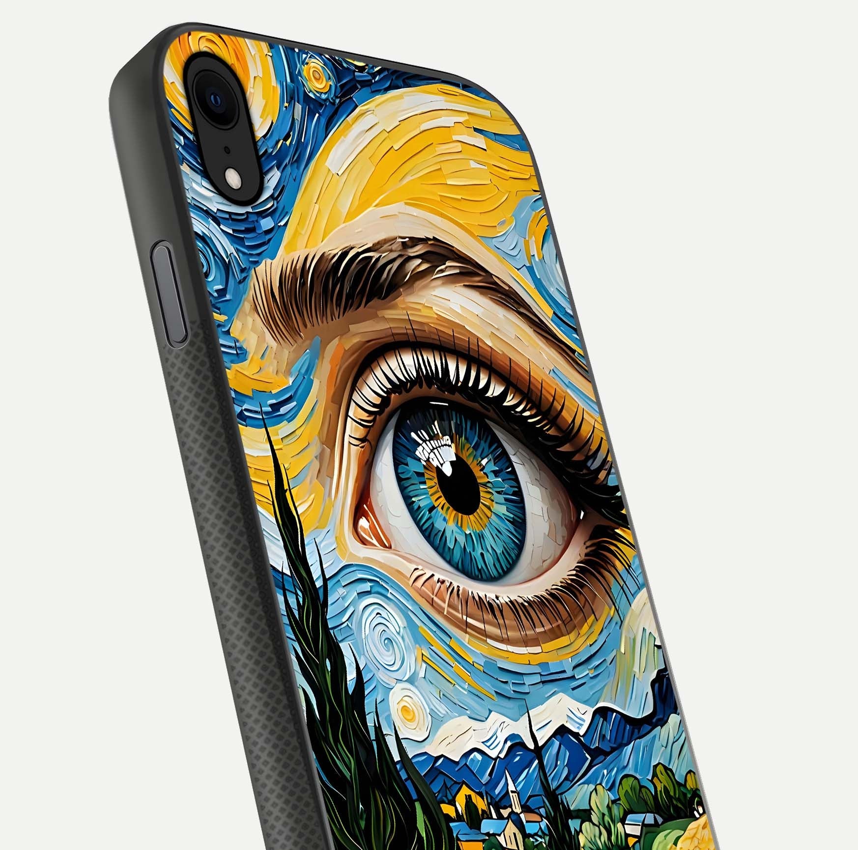 Van Gogh Eye Glass Case for iPhone 16 Pro close-up angled shot highlighting color blend and gloss reflection