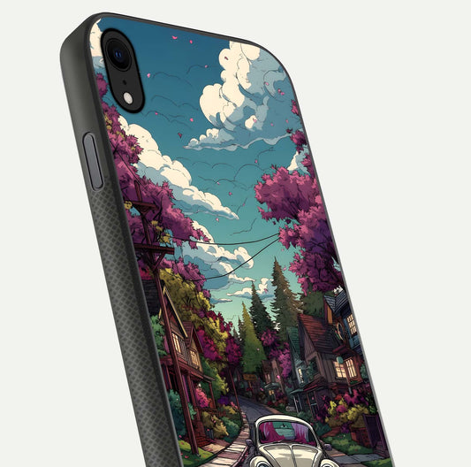 Vintage Street Drive Glass Case for iPhone Xr close-up angled shot highlighting vintage tones and reflection