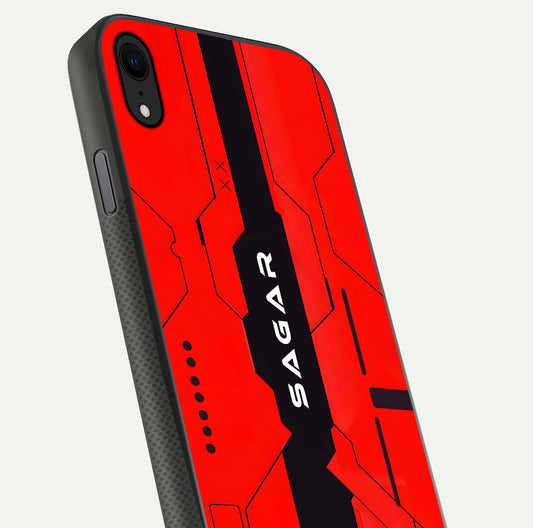 Voltage Rise CYBERPUNK Custom Name Glass Case for iPhone Xr close-up angled shot highlighting neon glow and reflection