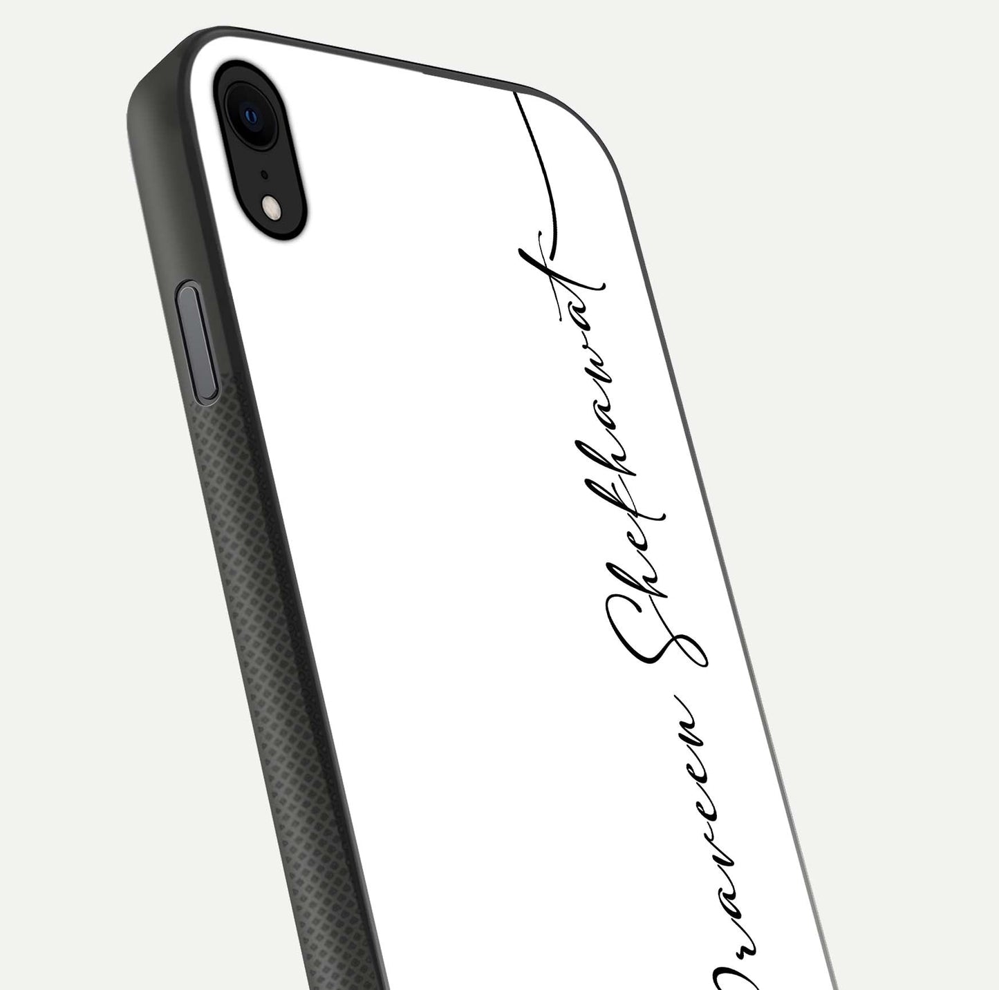 White Tune Custom Name Glass Case for iPhone 16 Pro close-up angled shot highlighting gloss reflection and texture