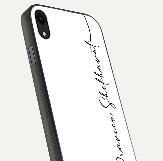 White Tune Custom Name Glass Case for iPhone Xr close-up angled shot highlighting gloss reflection and texture