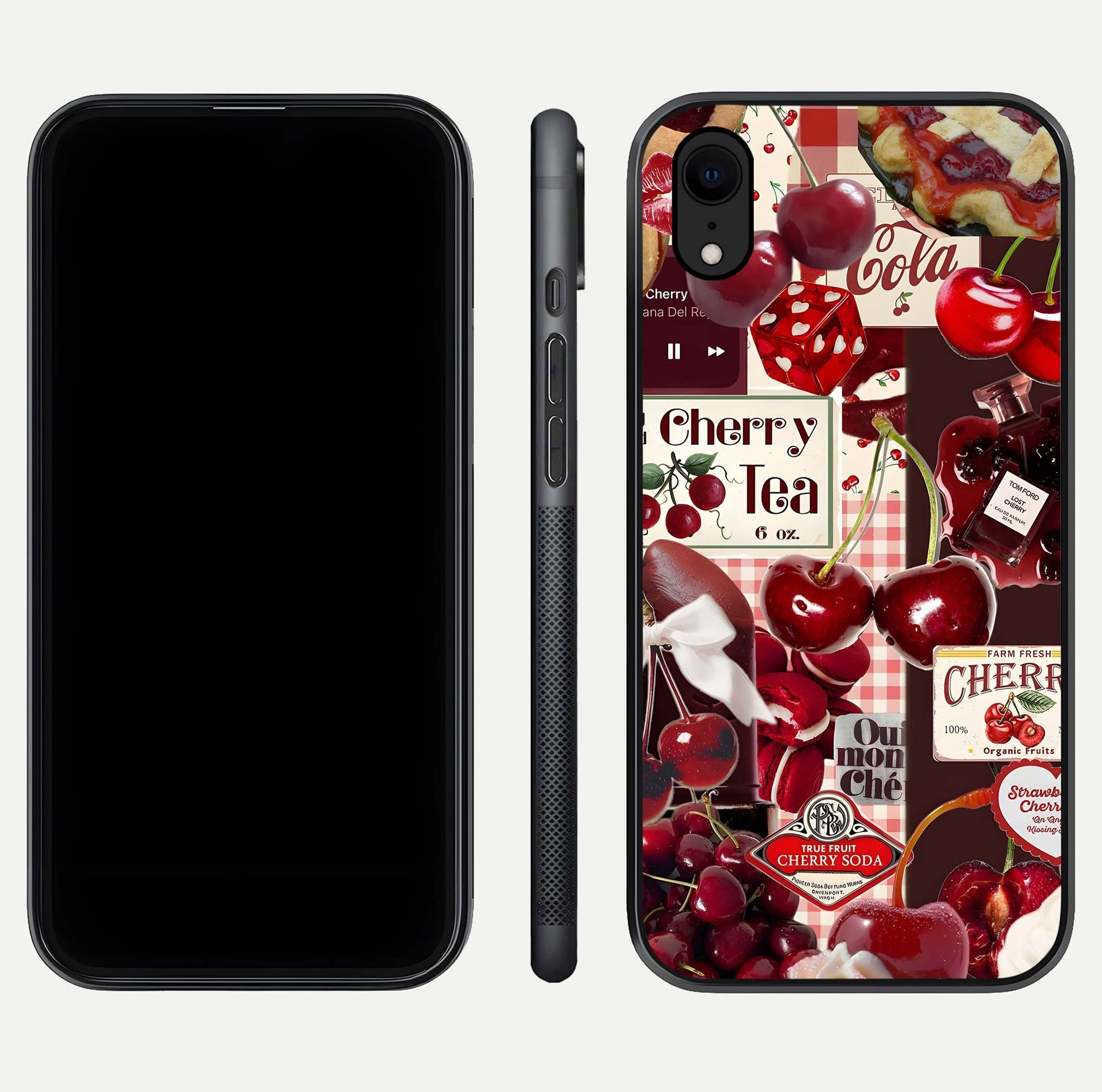 Aesthetic Cherry Tea Glass Case for iPhone 16 Pro front and back view layout showing black front display and artistic cherry-themed glass back