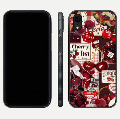 Aesthetic Cherry Tea Glass Case for iPhone 16 Pro front and back view layout showing black front display and artistic cherry-themed glass back