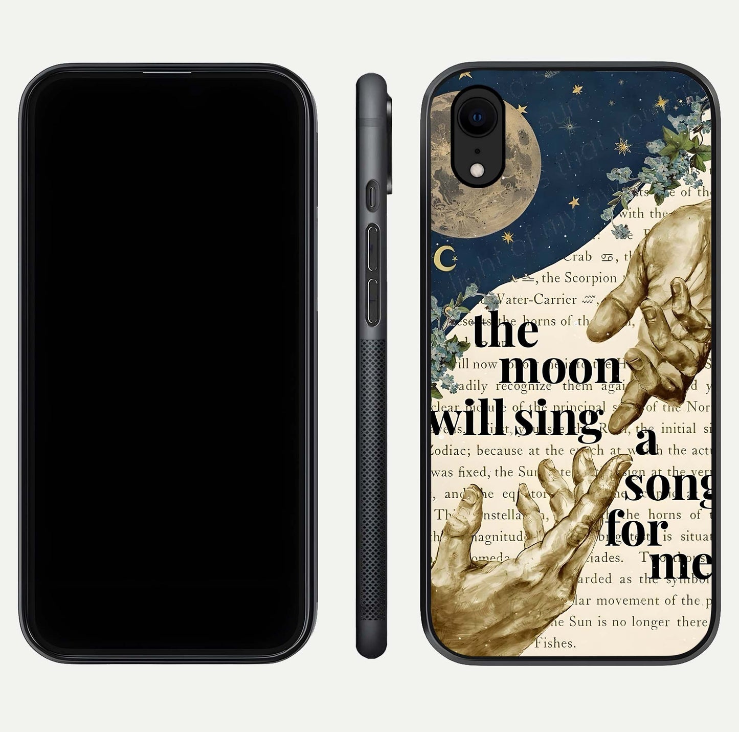 Aesthetic Divine Glass Case for iPhone 16 Pro front and back view layout showing black front display and divine art glass back