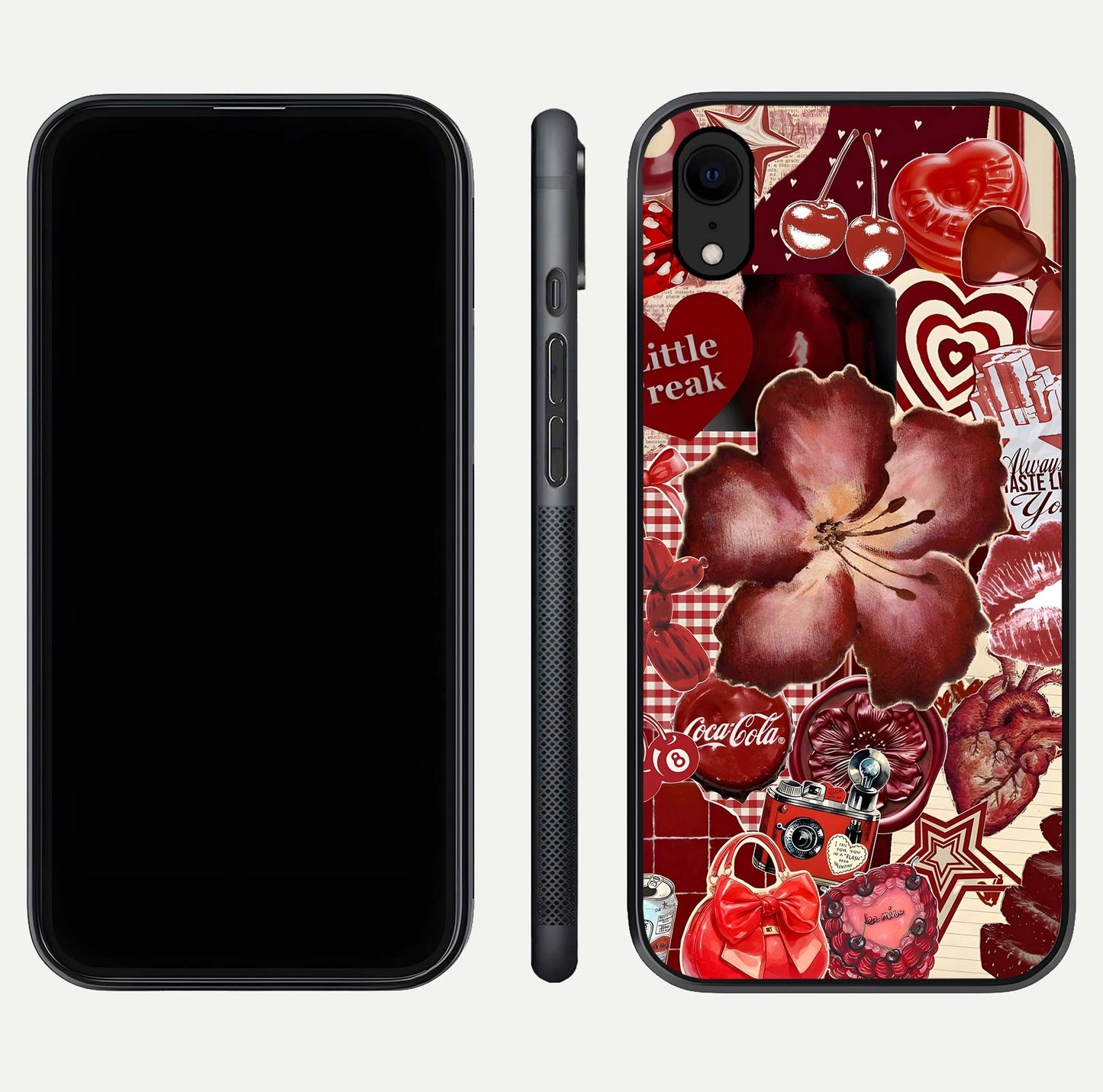 Aesthetic Little Freak Glass Case for iPhone 16 Pro front and back view layout showing black front display and trendy collage glass back