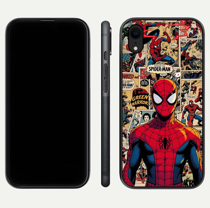 Aesthetic Spider Man Glass Case for iPhone 16 Pro front and back view layout showing black front display and Spider-Man art glass back