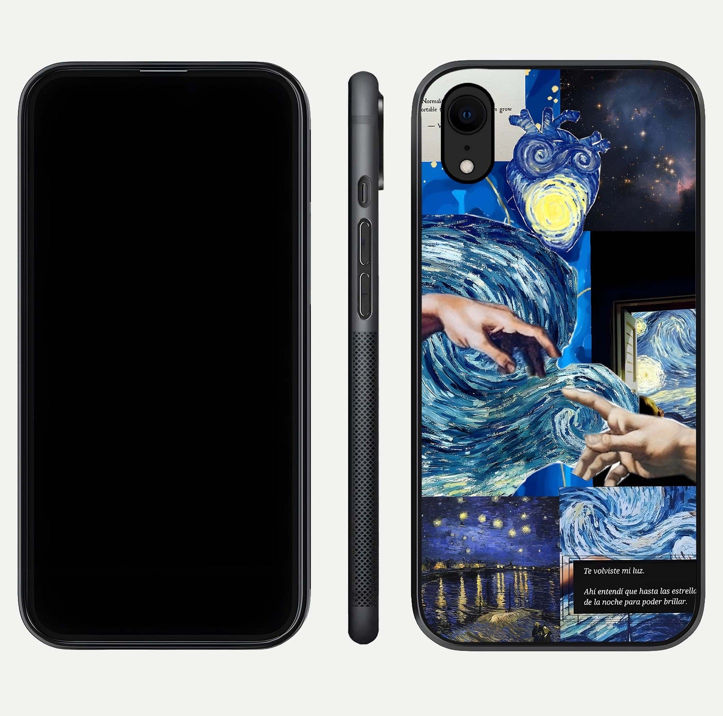 Aesthetic Vando Hands Glass Case for iPhone 16 Pro front and back layout highlighting camera cutout and premium glass shine