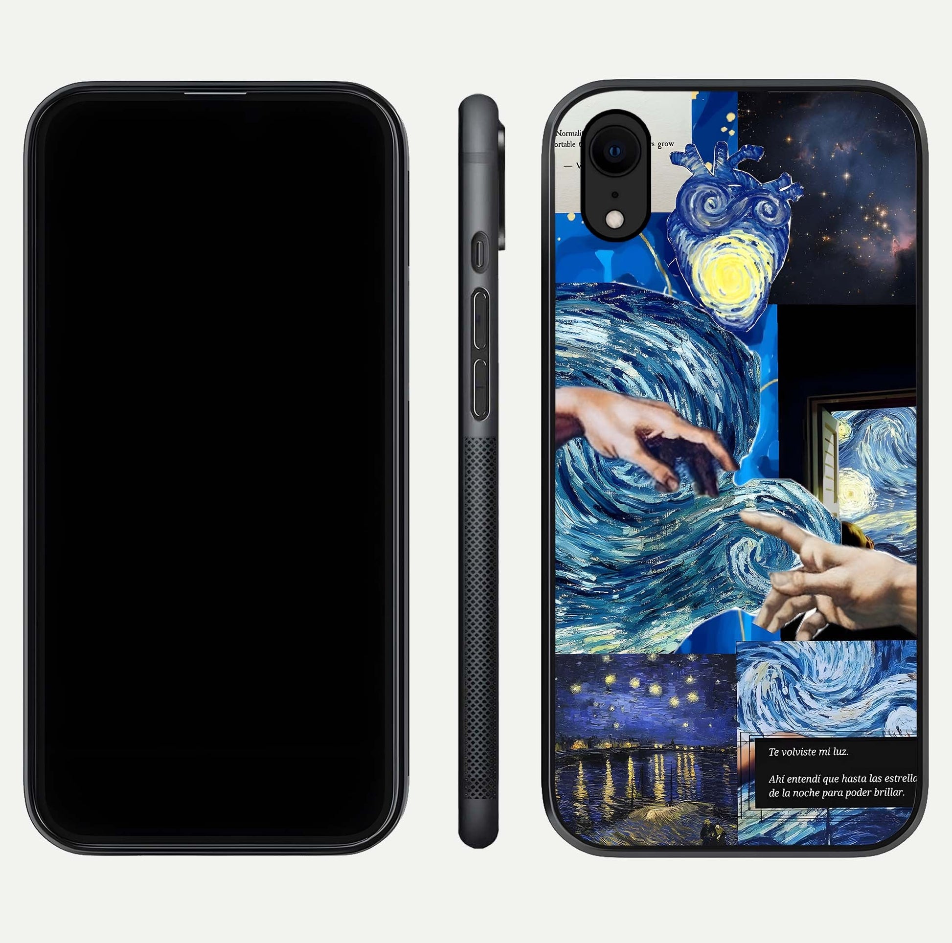 Aesthetic Vando Hands Glass Case for iPhone 16 Pro front and back layout highlighting camera cutout and premium glass shine