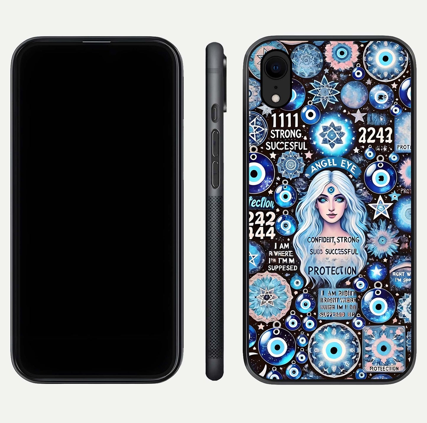 Angel Aura Shield Glass Case for iPhone 16 Pro front and back display highlighting glass clarity and spiritual design