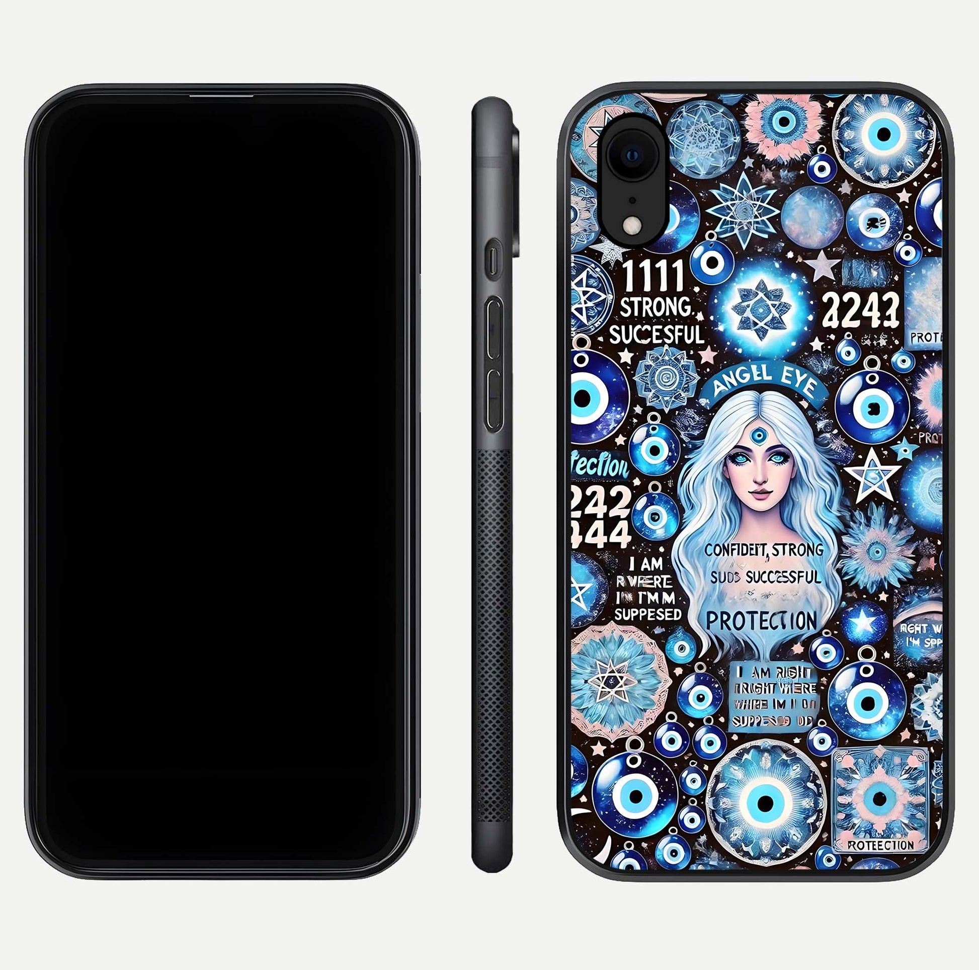 Angel Aura Shield Glass Case for iPhone 16 Pro front and back display highlighting glass clarity and spiritual design