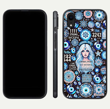 Angel Aura Shield Glass Case for iPhone 16 Pro front and back display highlighting glass clarity and spiritual design