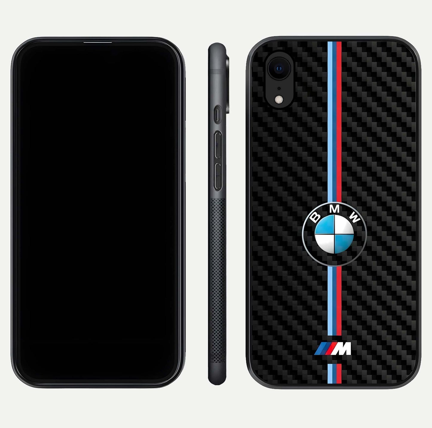 BMW Pattern Glass Case for iPhone Xr front-and-back layout displaying car-themed art and premium glass gloss