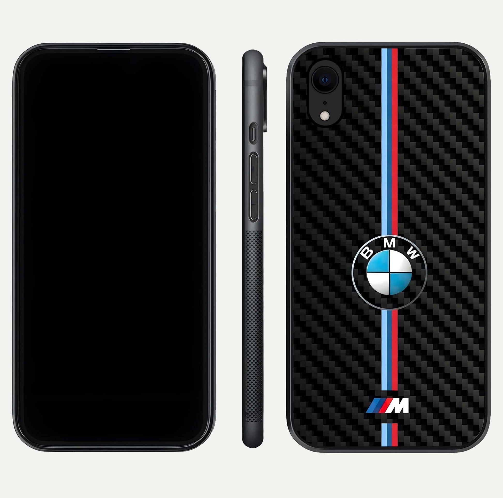 BMW Pattern Glass Case for iPhone Xr front-and-back layout displaying car-themed art and premium glass gloss