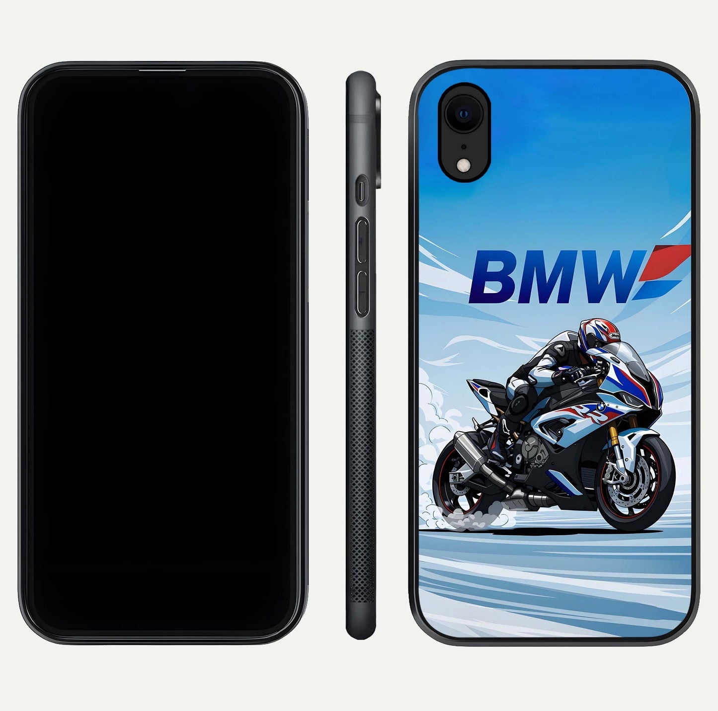 BMW Power Drift Glass Case for iPhone Xr dual-view layout showing energy pattern and edge clarity