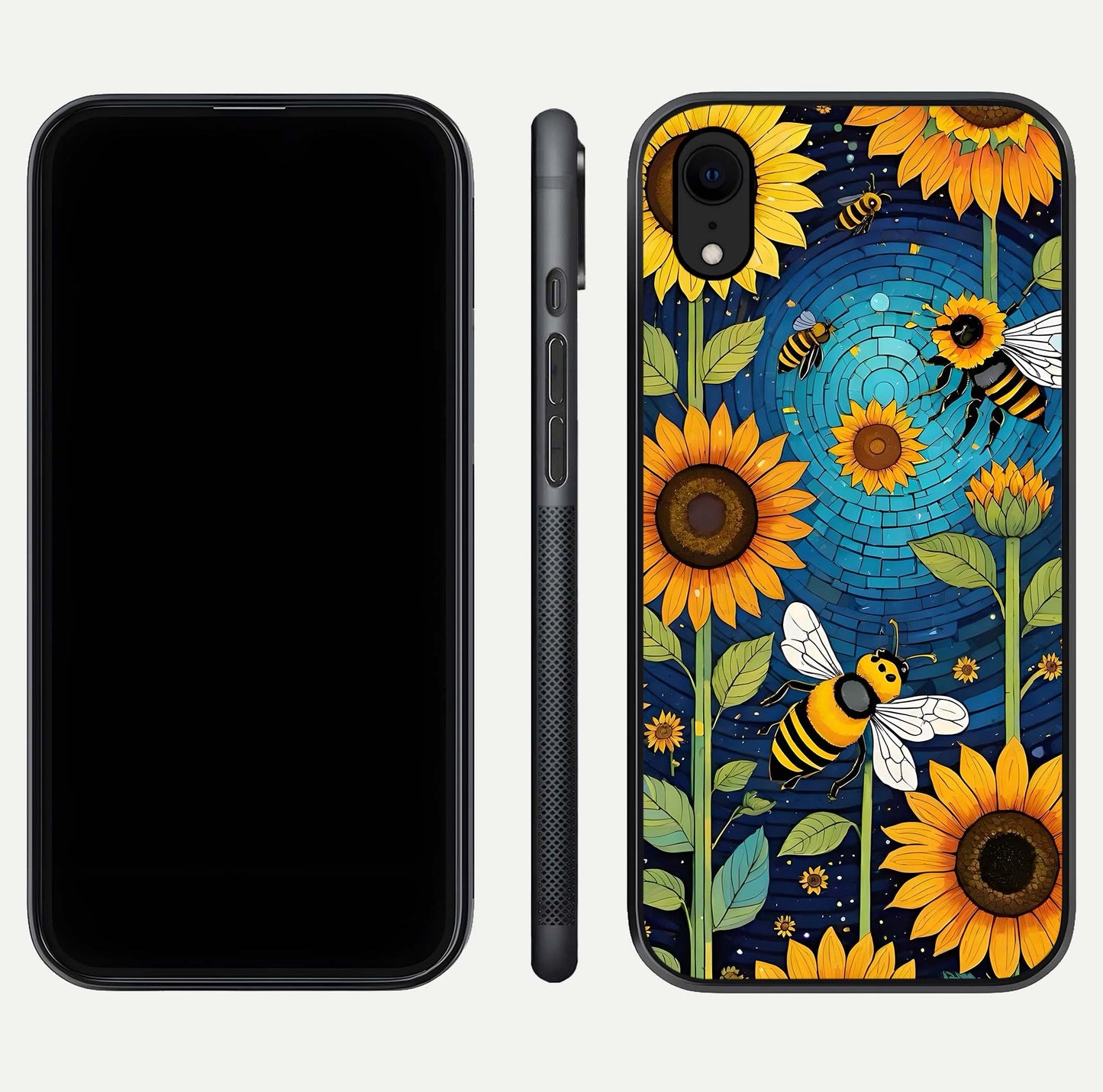 Bees & Sunflowers Glass Case for iPhone Xr front-and-back layout highlighting nature-inspired artwork and protective edge