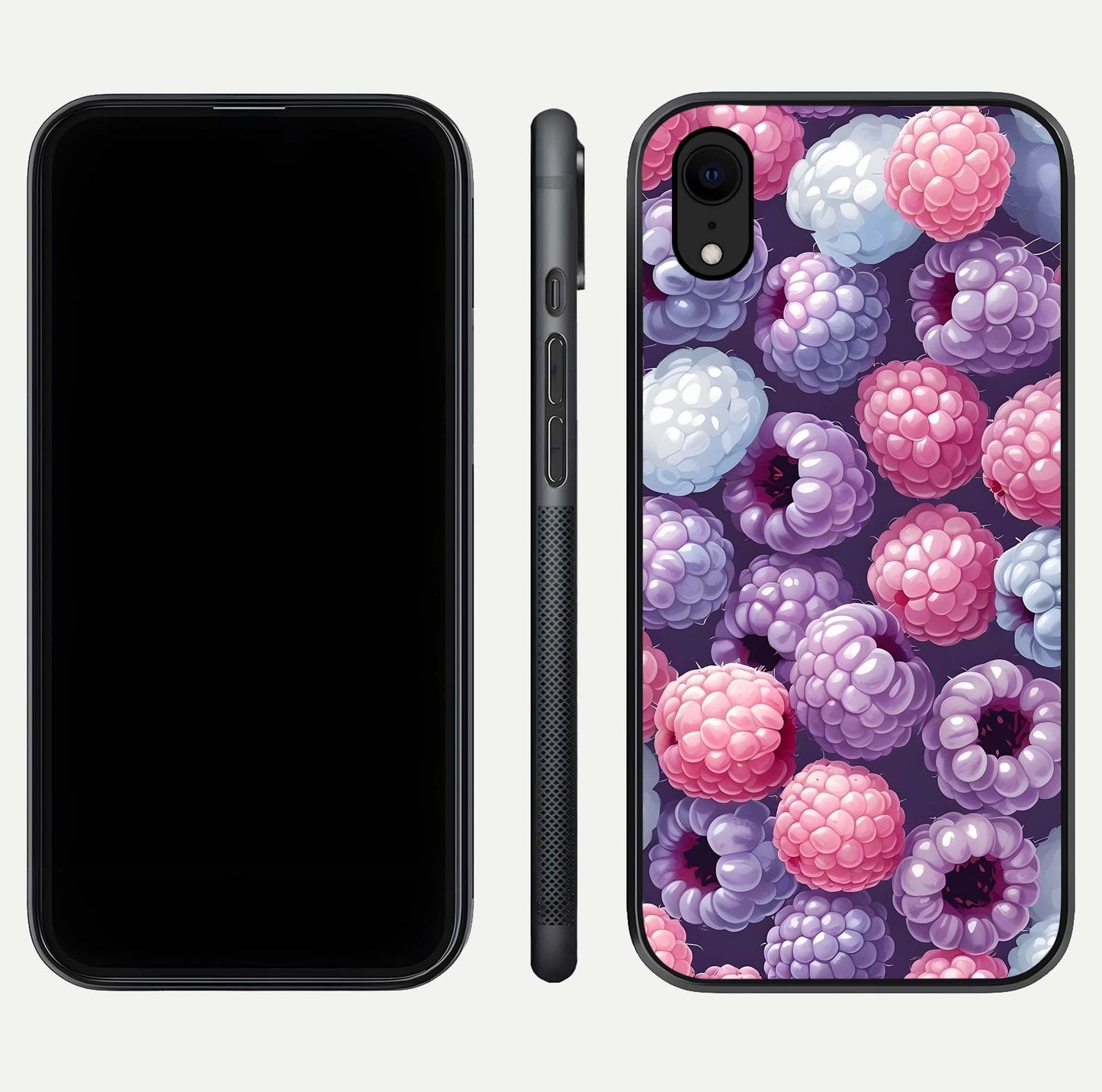 Berry Candy Pop Glass Case for iPhone Xr front-and-back layout showing colorful pattern and sleek protective frame