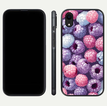 Berry Candy Pop Glass Case for iPhone Xr front-and-back layout showing colorful pattern and sleek protective frame