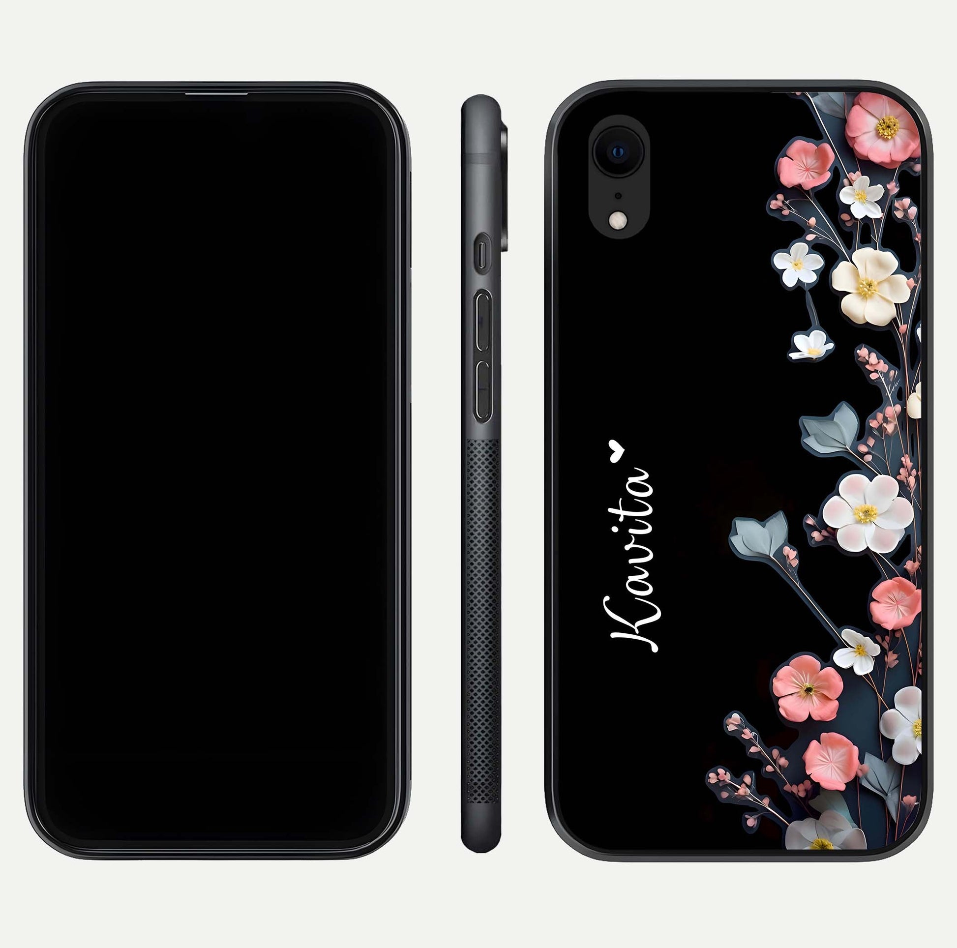 Black Elegance Floral Custom Name Glass Case for iPhone Xr dual-view layout displaying name placement and gloss finish