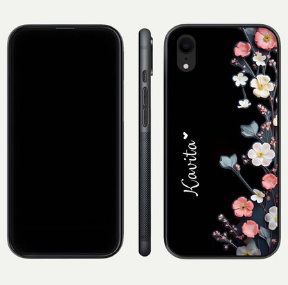 Black Elegance Floral Custom Name Glass Case for iPhone Xr dual-view layout displaying name placement and gloss finish